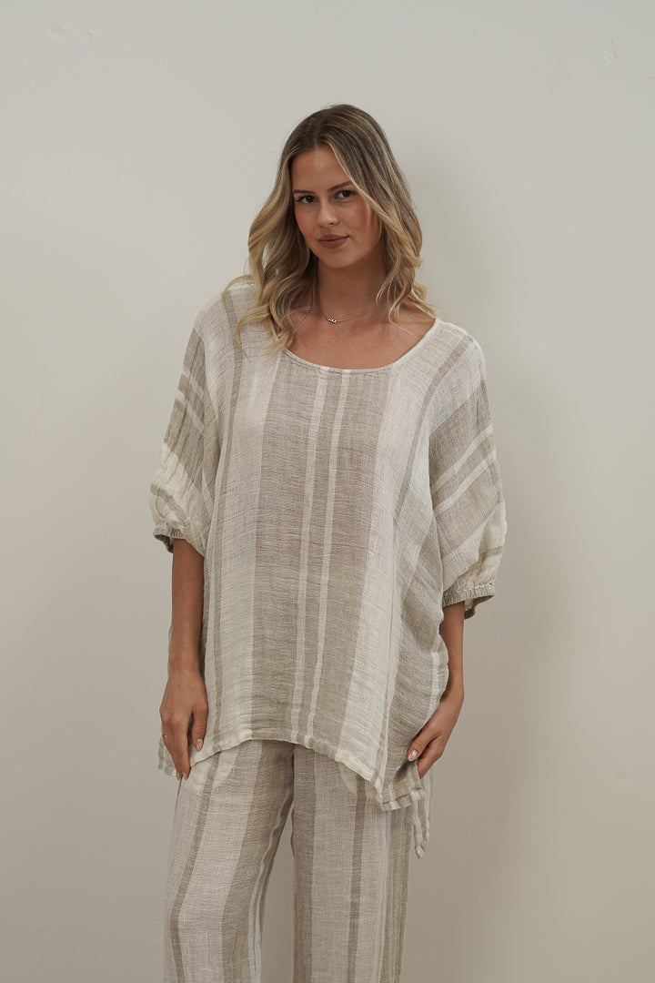 Bella Elasticated Sleeves Top Natural Stripey