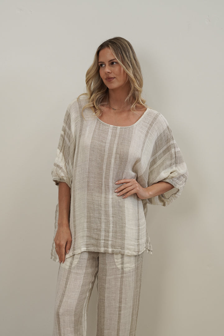 Bella Elasticated Sleeves Top Natural Stripey