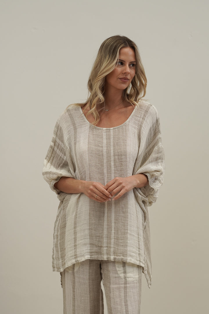 Bella Elasticated Sleeves Top Natural Stripey