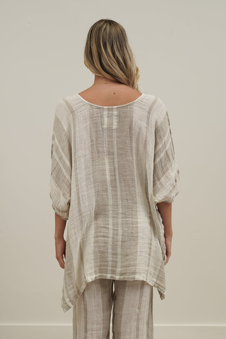 Bella Elasticated Sleeves Top Natural Stripey