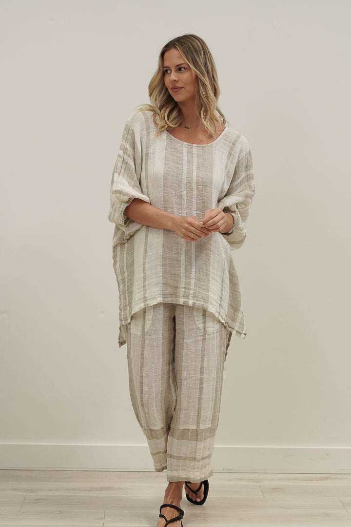 Bella Elasticated Sleeves Top Natural Stripey