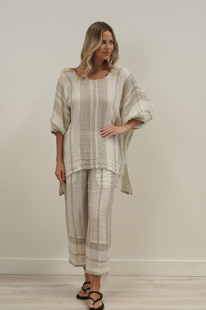 Bella Elasticated Sleeves Top Natural Stripey