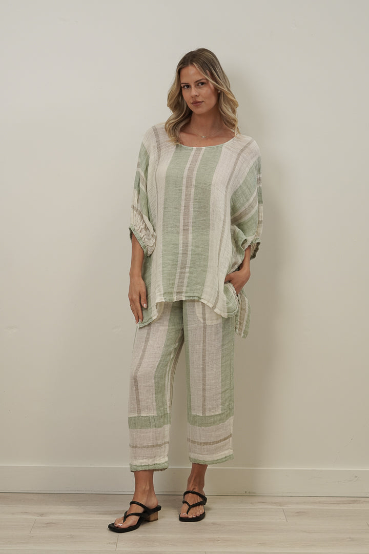 Bellla Elasticated Sleeves Top Reseda Stripey