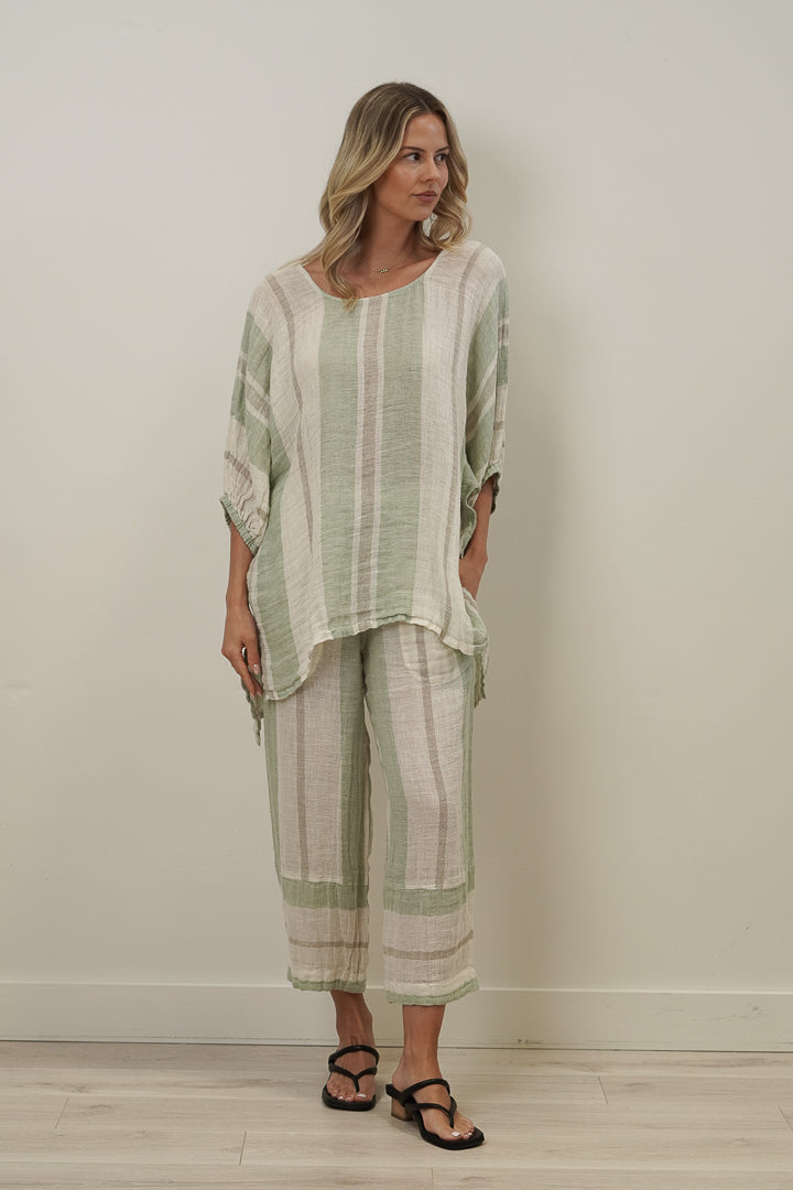 Bellla Elasticated Sleeves Top Reseda Stripey