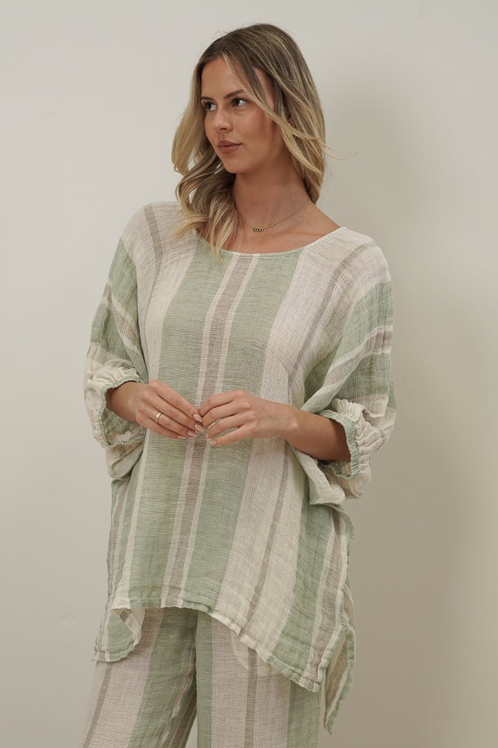 Bellla Elasticated Sleeves Top Reseda Stripey