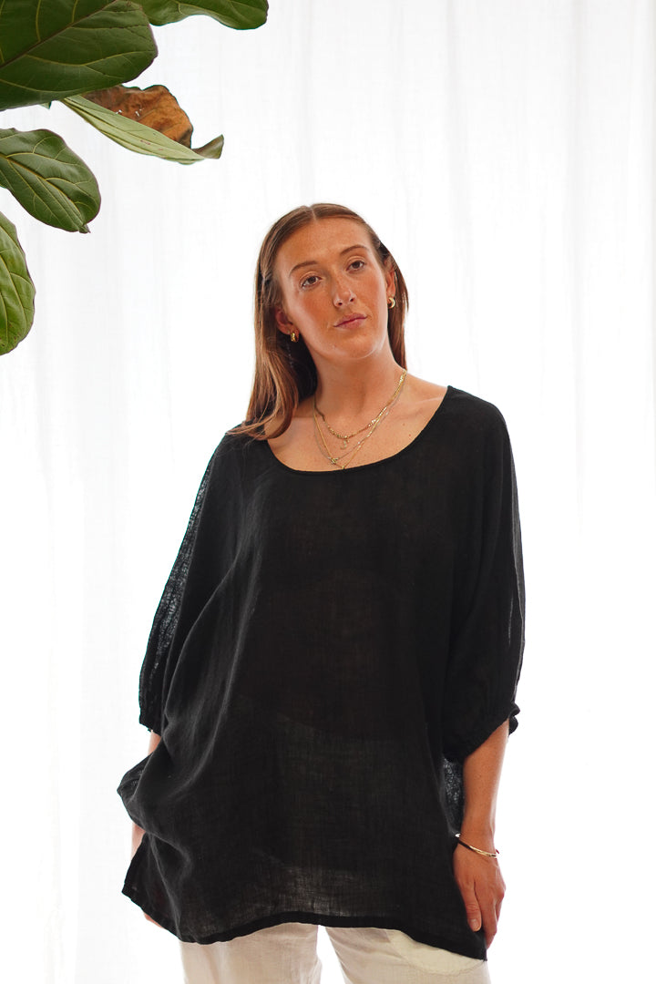 Bella Elasticated Sleeves Top Black Gauze