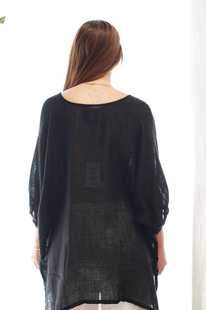 Bella Elasticated Sleeves Top Black Gauze