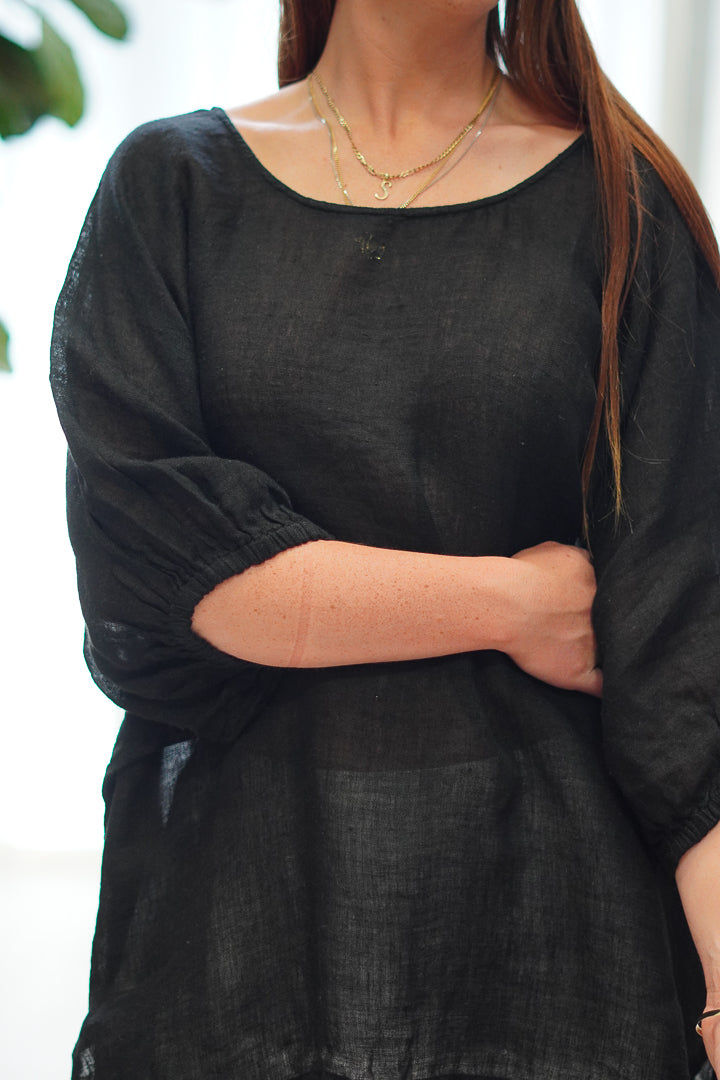 Bella Elasticated Sleeves Top Black Gauze