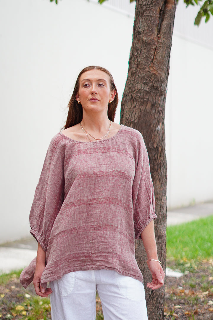 Bella Elasticated Sleeves Top Mahogany & Natural Stripes