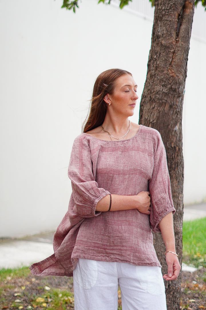 Bella Elasticated Sleeves Top Mahogany & Natural Stripes