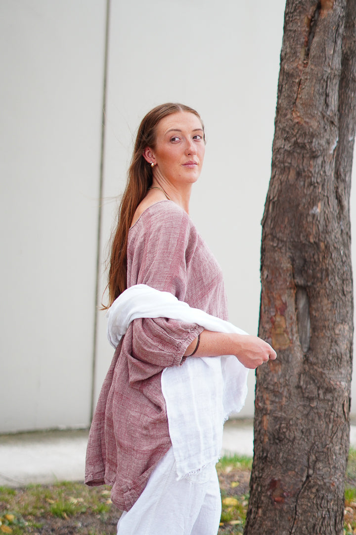 Bella Elasticated Sleeves Top Mahogany & Natural Stripes