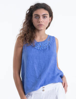 Embroided Neckline Linen Top