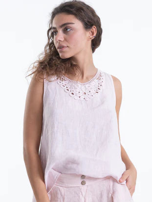 Embroided Neckline Linen Top