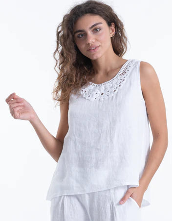 Embroided Neckline Linen Top
