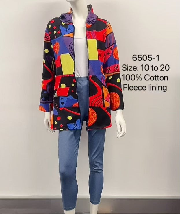 Abstract Printed Patch Fleece-Lined Cotton Coat