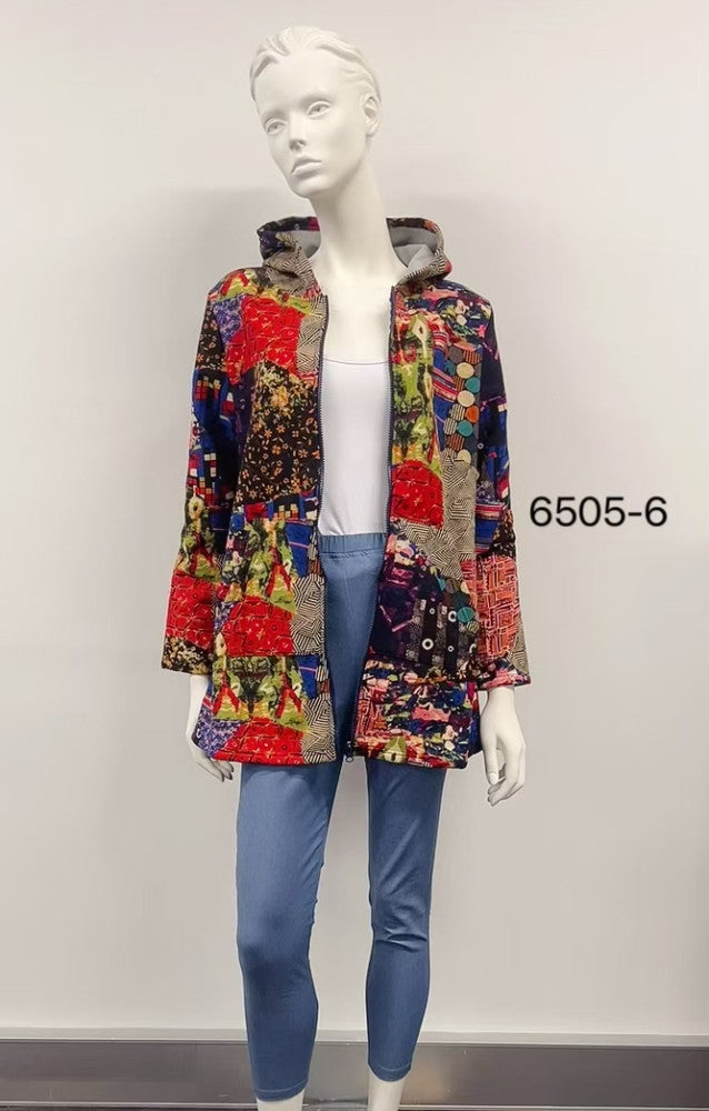 Abstract Printed Patch Fleece-Lined Cotton Coat