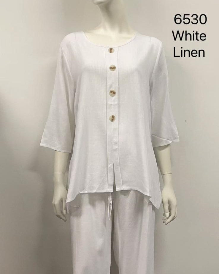 2/3 Sleeve Printed Button-Up Linen Top