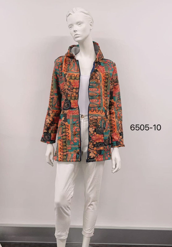 Abstract Printed Patch Fleece-Lined Cotton Coat
