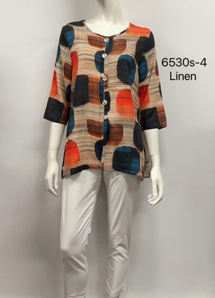 2/3 Sleeve Printed Button-Up Linen Top