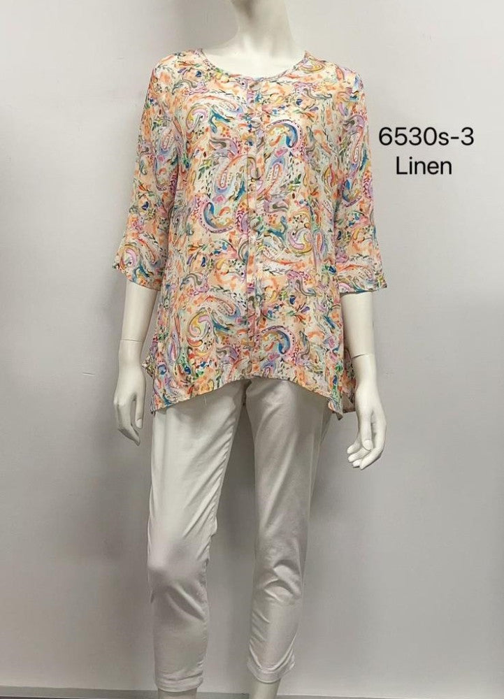 2/3 Sleeve Printed Button-Up Linen Top