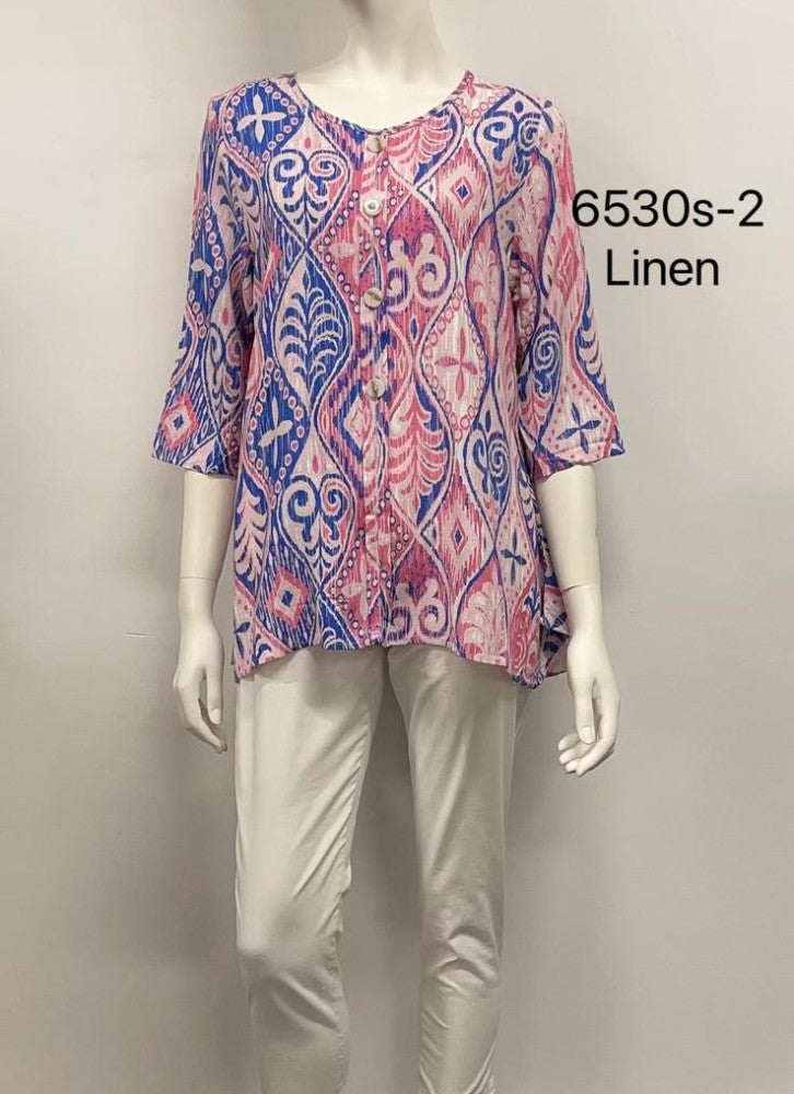 2/3 Sleeve Printed Button-Up Linen Top