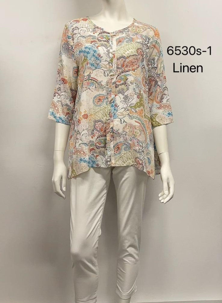 2/3 Sleeve Printed Button-Up Linen Top