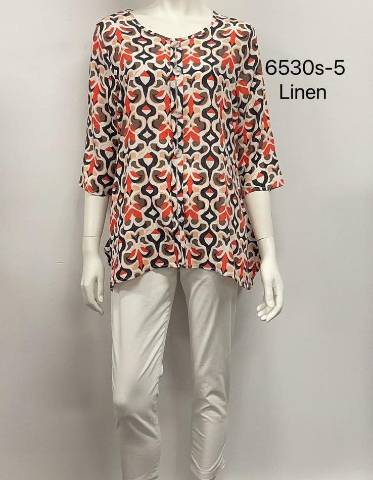 2/3 Sleeve Printed Button-Up Linen Top