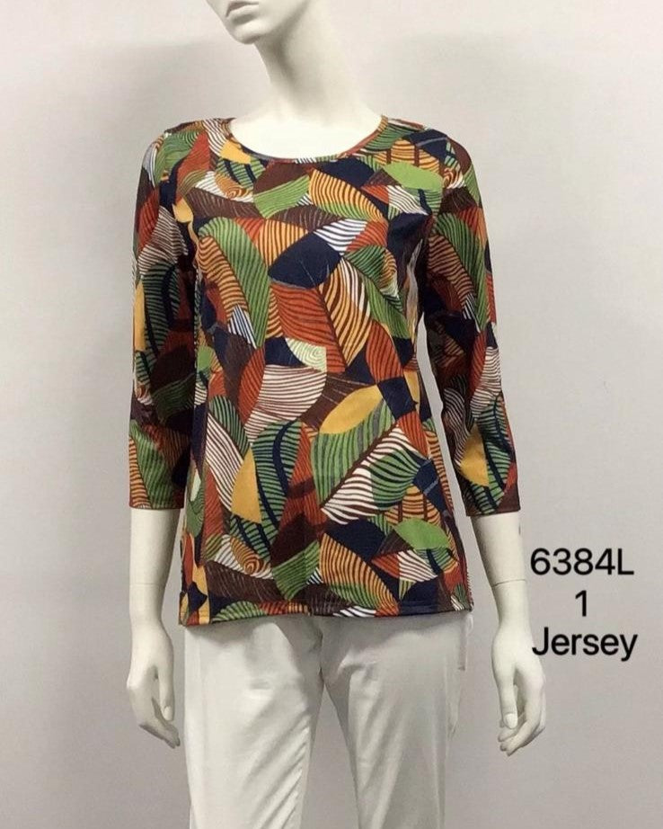 6384L Geometric Jersey Round Neck Top with 3/4 Sleeves