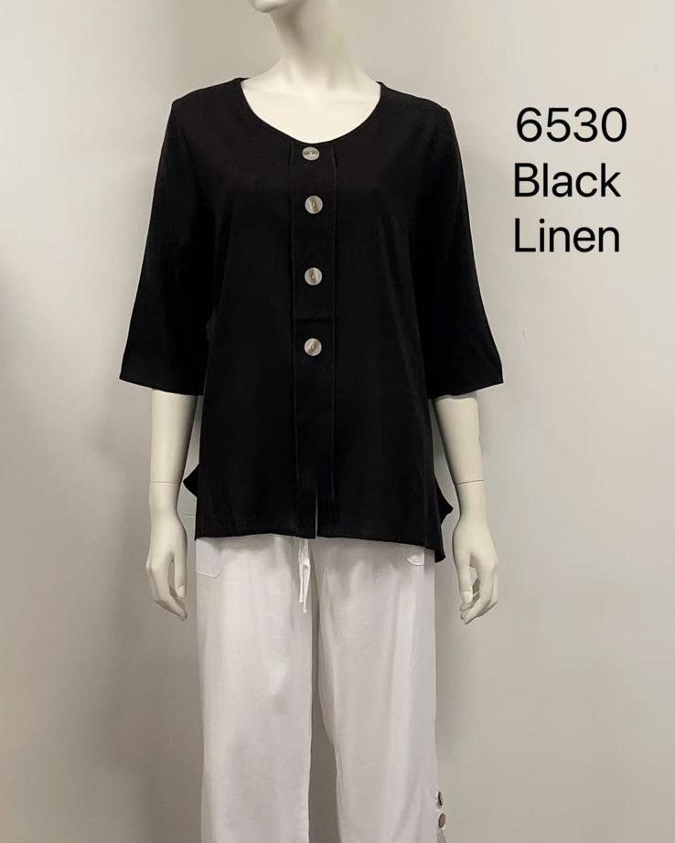 2/3 Sleeve Printed Button-Up Linen Top