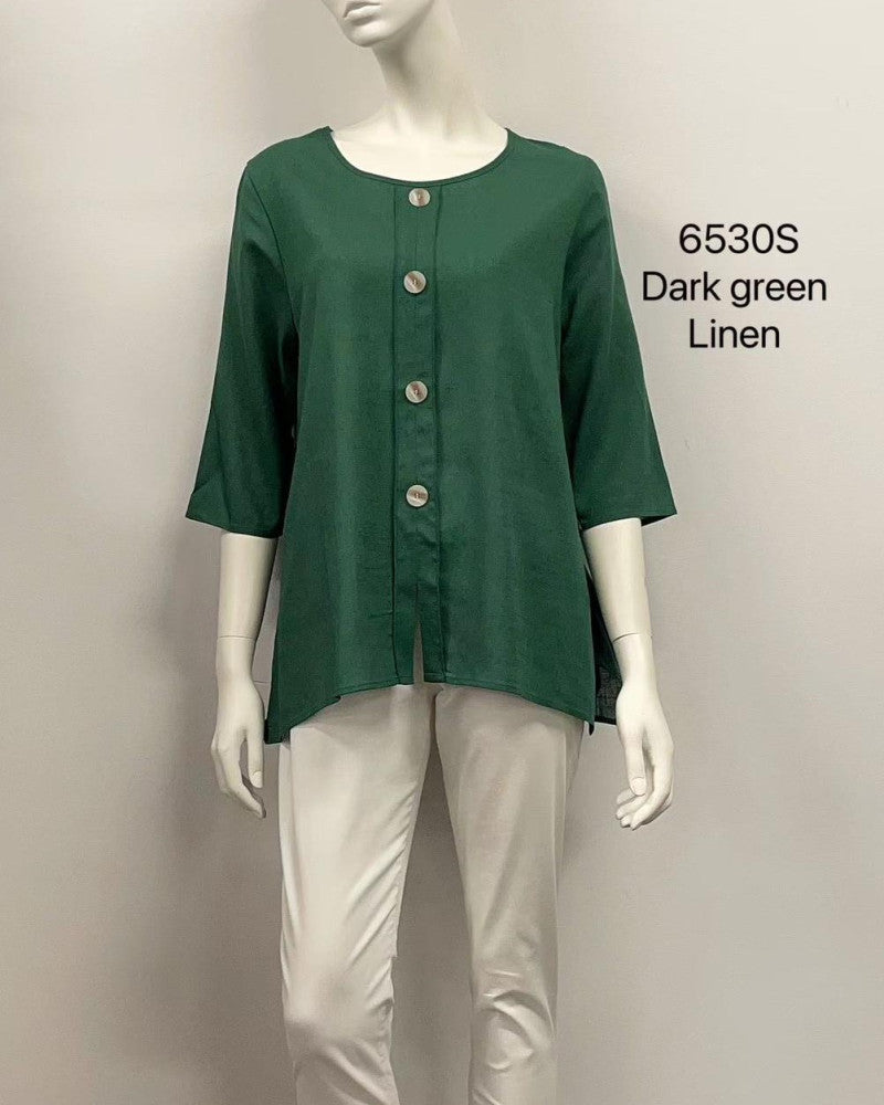2/3 Sleeve Printed Button-Up Linen Top