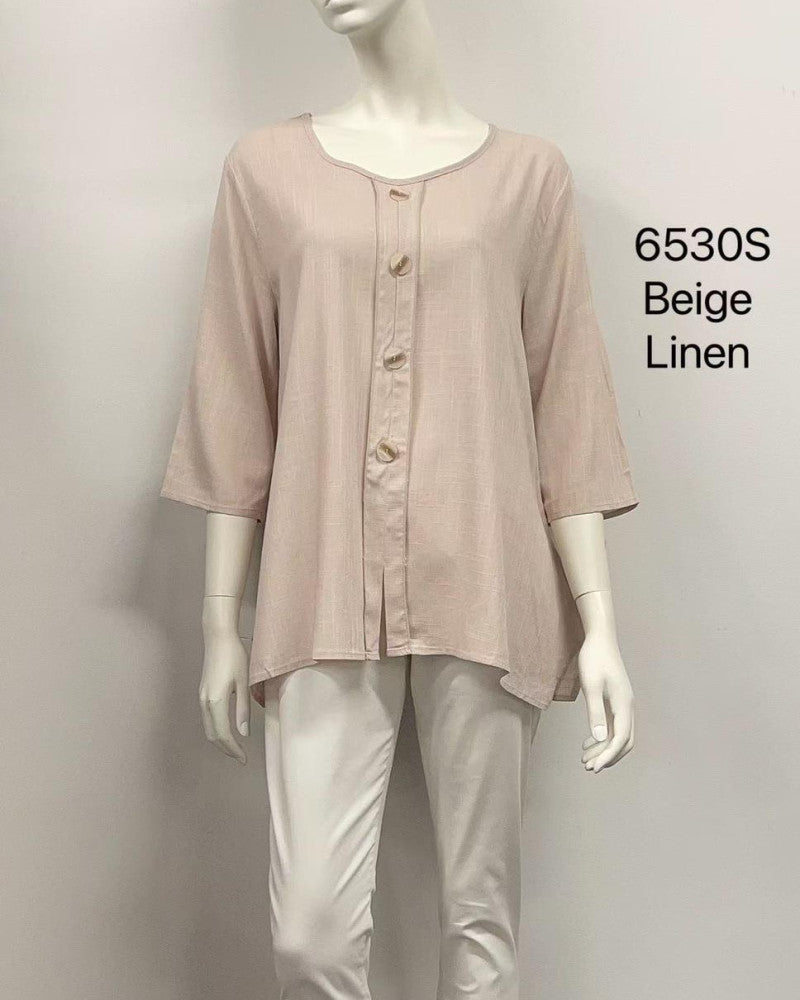 2/3 Sleeve Printed Button-Up Linen Top