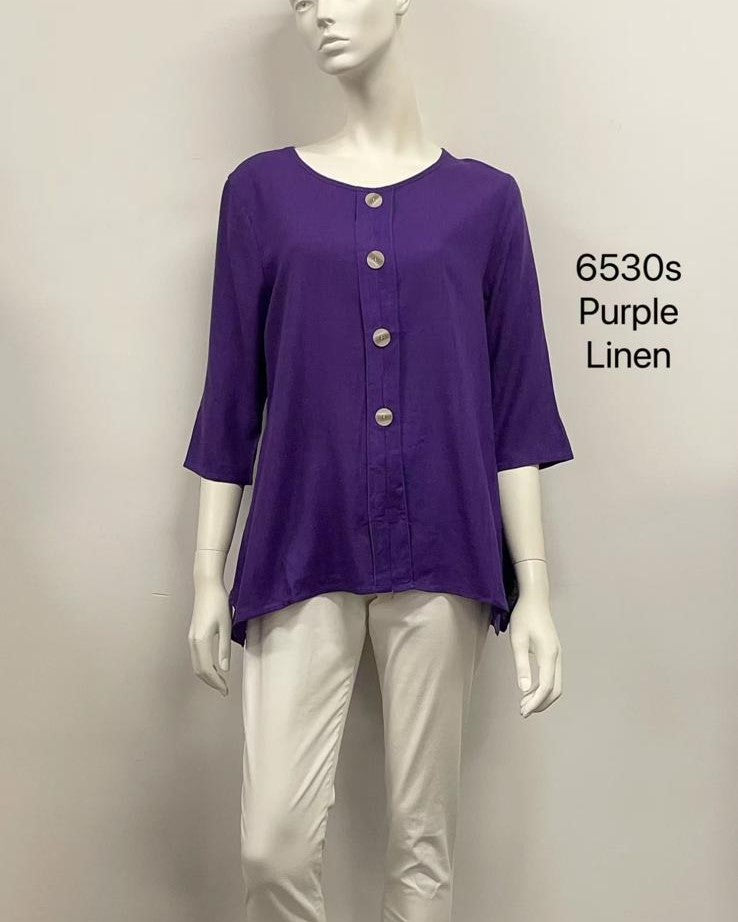 2/3 Sleeve Printed Button-Up Linen Top