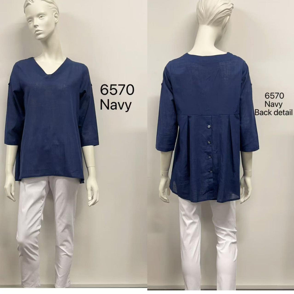 Back-Button Pleat 3/4 Sleeve Cotton Top