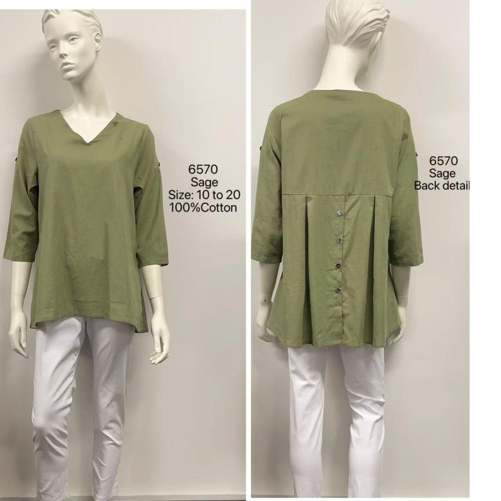 Back-Button Pleat 3/4 Sleeve Cotton Top