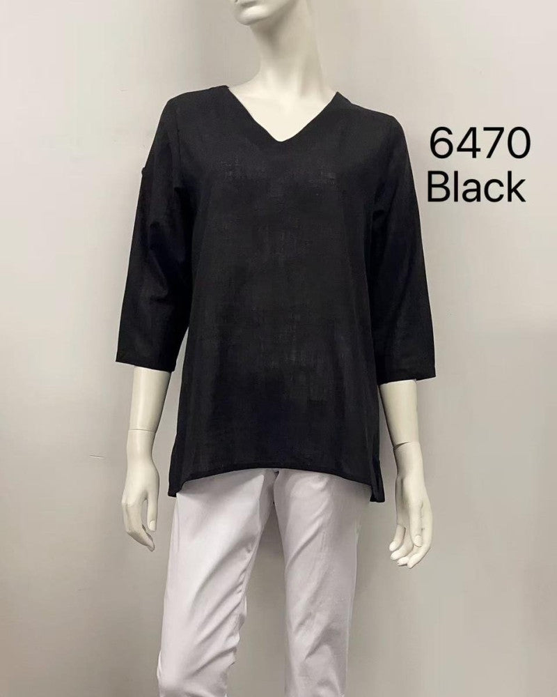 Back-Button Pleat 3/4 Sleeve Cotton Top