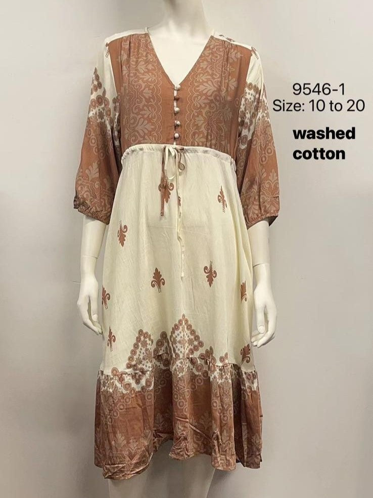 Printed Tie-Waist Washed Cotton Dress