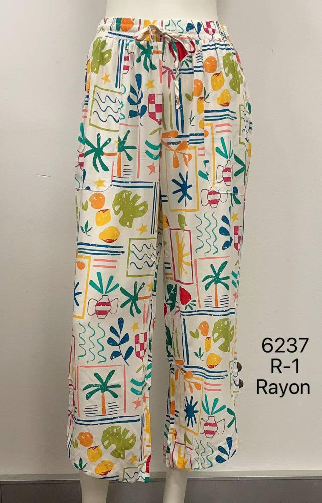 Printed Drawstring Relaxed Rayon Pants
