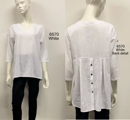 Back-Button Pleat 3/4 Sleeve Cotton Top
