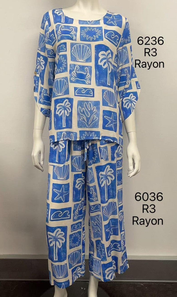 Printed 3/4 Relaxed-Sleeve Rayon Top
