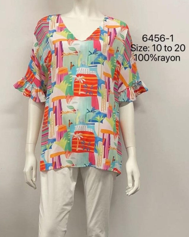 V-Neck Ruffle-Sleeve Rayon Top