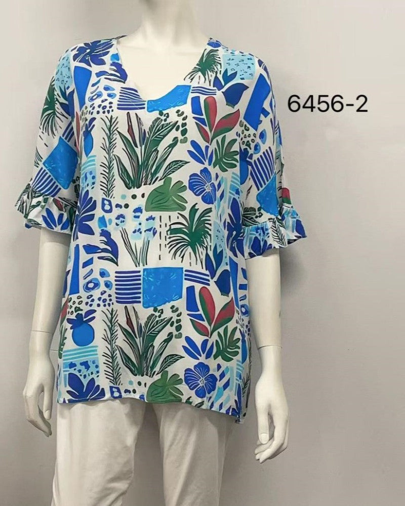 V-Neck Ruffle-Sleeve Rayon Top