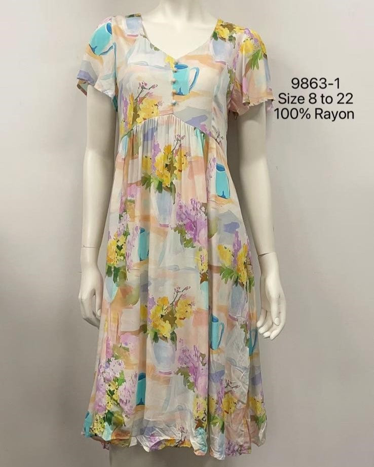 Printed Rayon High-Waist Dress with Buttons