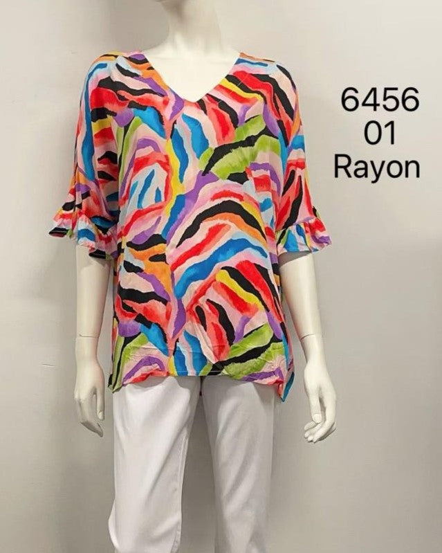 V-Neck Ruffle-Sleeve Rayon Top