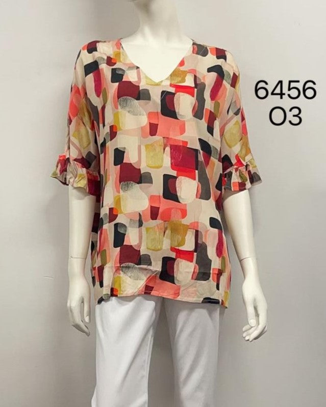 V-Neck Ruffle-Sleeve Rayon Top