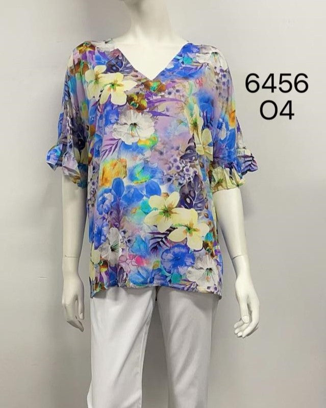 V-Neck Ruffle-Sleeve Rayon Top