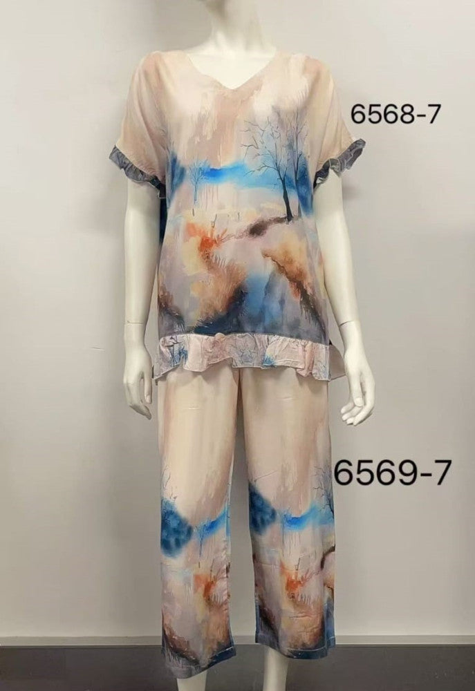 Rayon Ruffle Sleeve Print Top