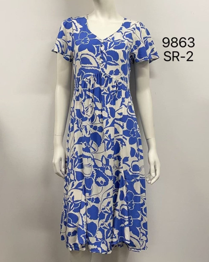 Printed Rayon High-Waist Dress with Buttons