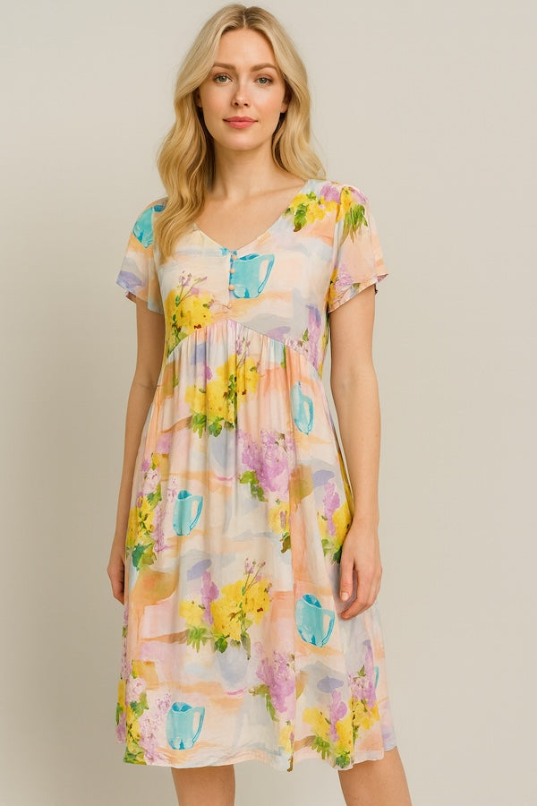Printed Rayon High-Waist Dress with Buttons