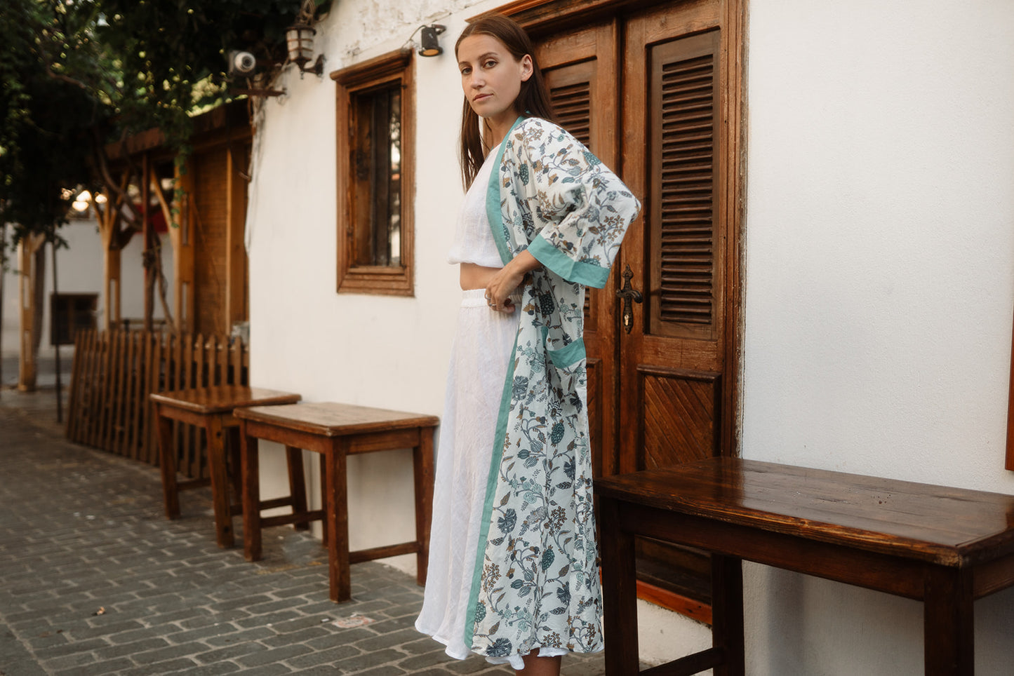 Blue & White Floral Long Kimono