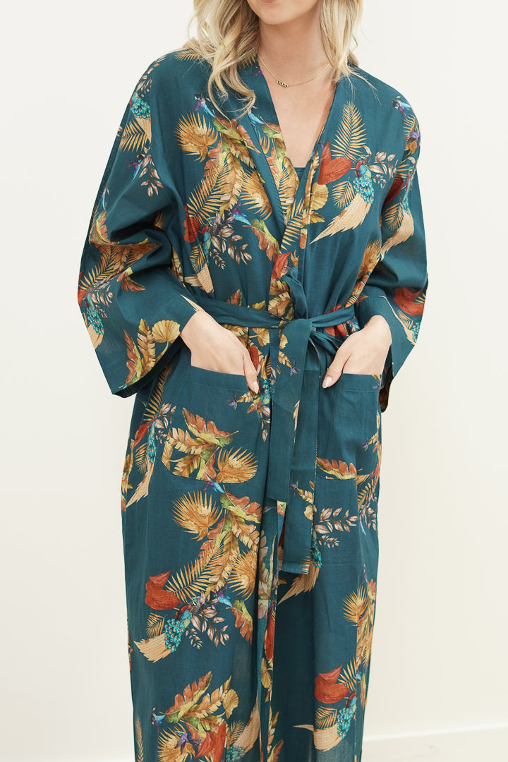 Autumn Leaf Petrol Blue Kimono